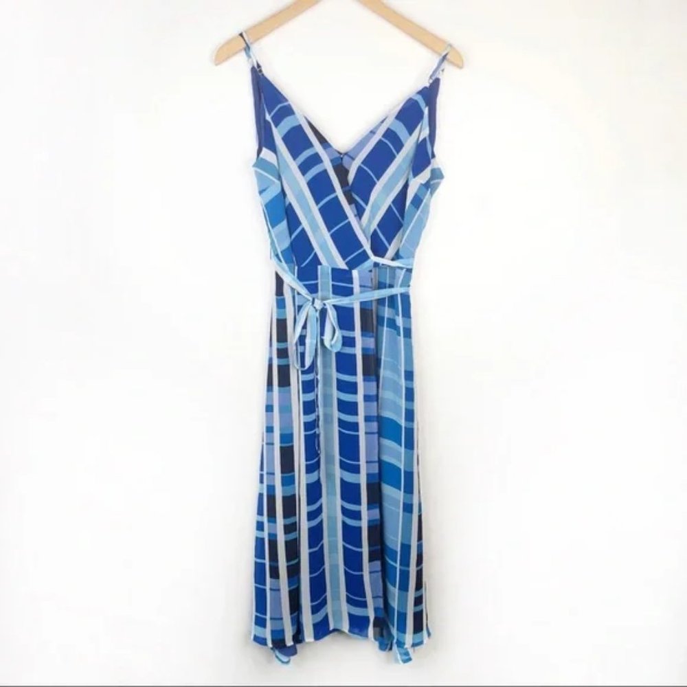 Evereve Allison Joy Sleeveless Wrap Dress Belted Blue Geometric Large